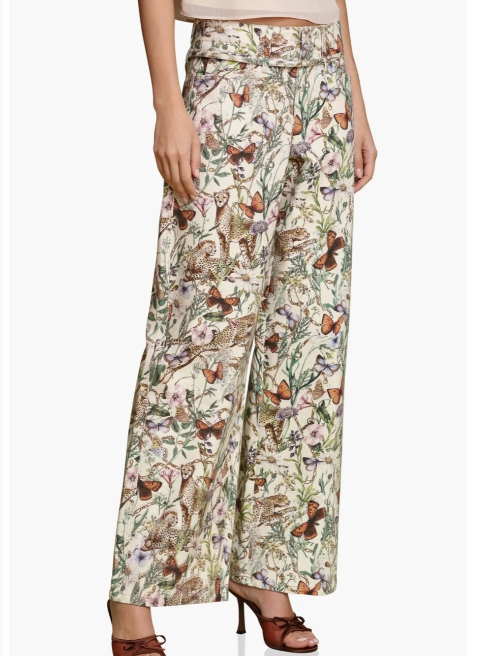 NEW Avec Les Filles Floral Butterfly Belted Wide Leg Stretch Denim Pants